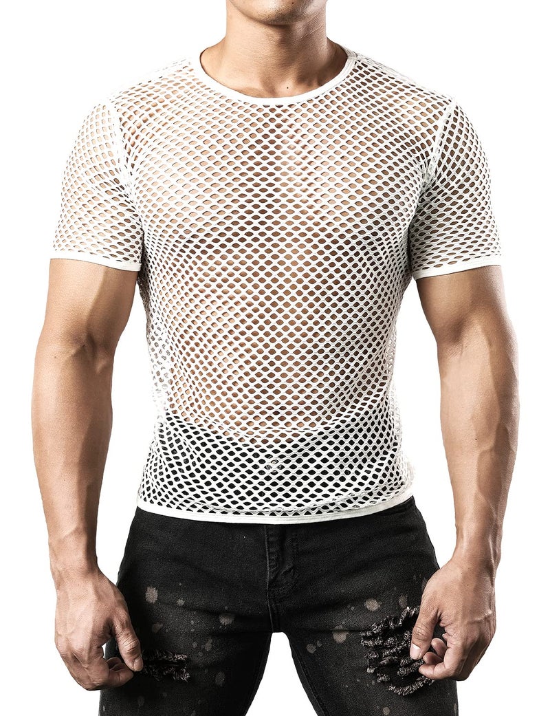JOGAL Men's Mesh Fishnet Fitted Short Sleeve Muscle Top Large WG02 White - Image 2